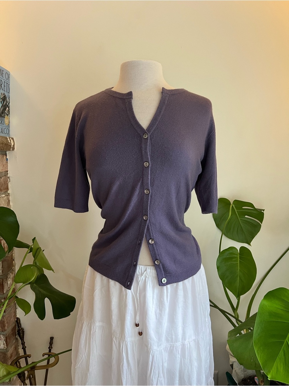 Hillard & Hanson Purple Button-Front Short Sleeve Cardigan